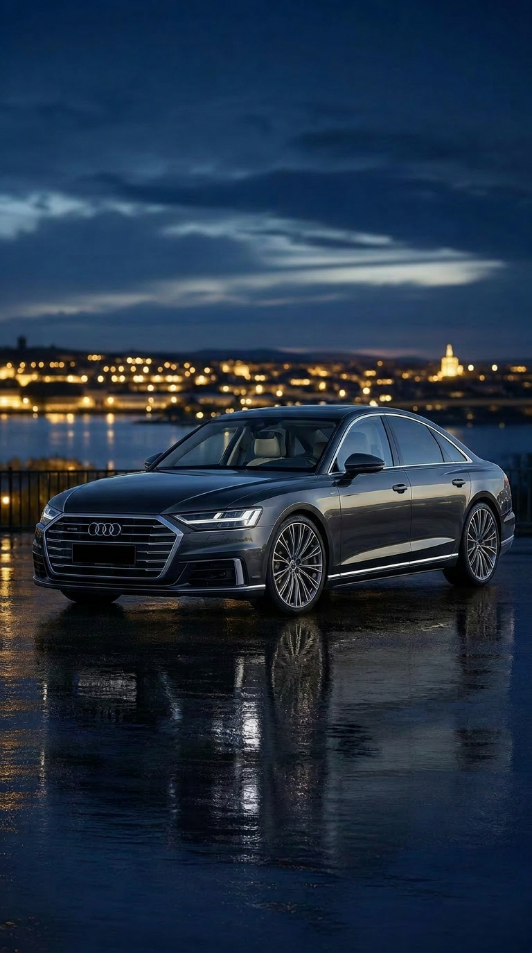 Audi A8 Premium Chauffeurfahrzeug bei Abenddämmerung
